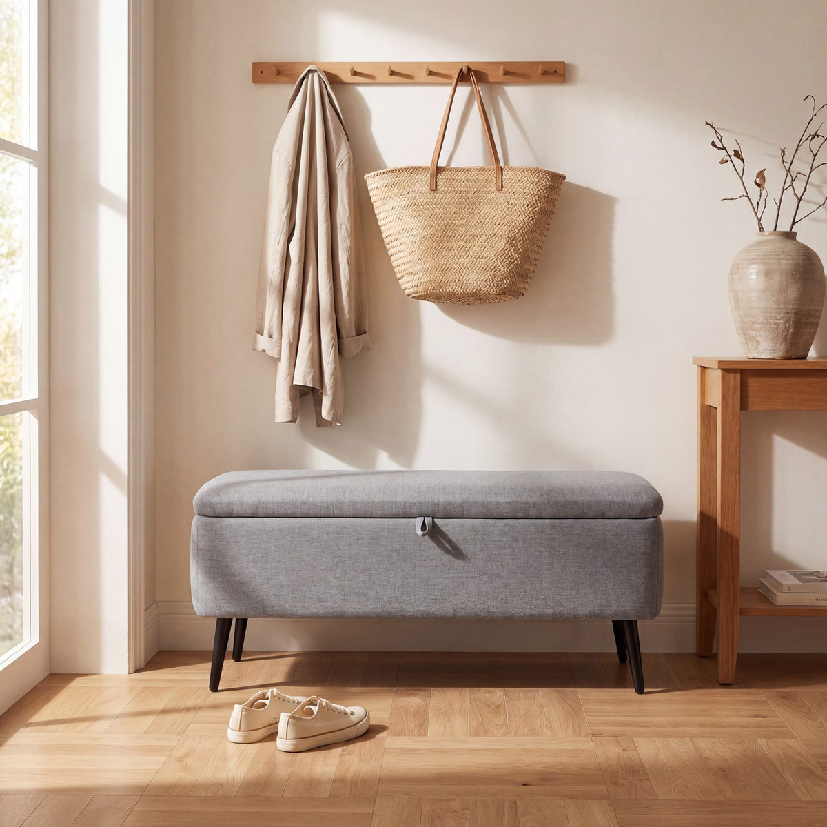 NEST | Banc coffre tissu gris | Nomaï – mise en situation 2