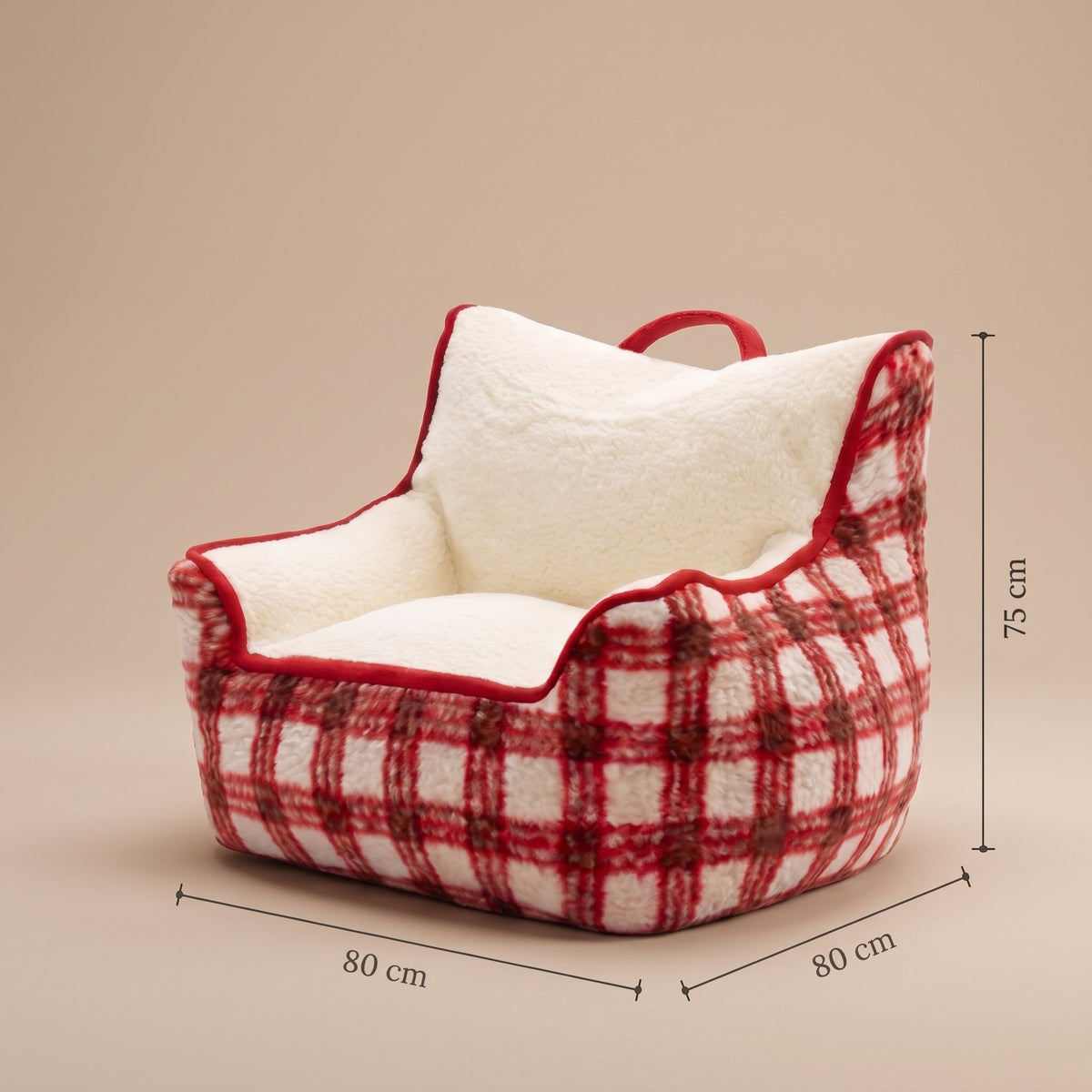 Pouf fauteuil polaire carreaux hivernal rouge, cotes 80 x 80 x 75 cm