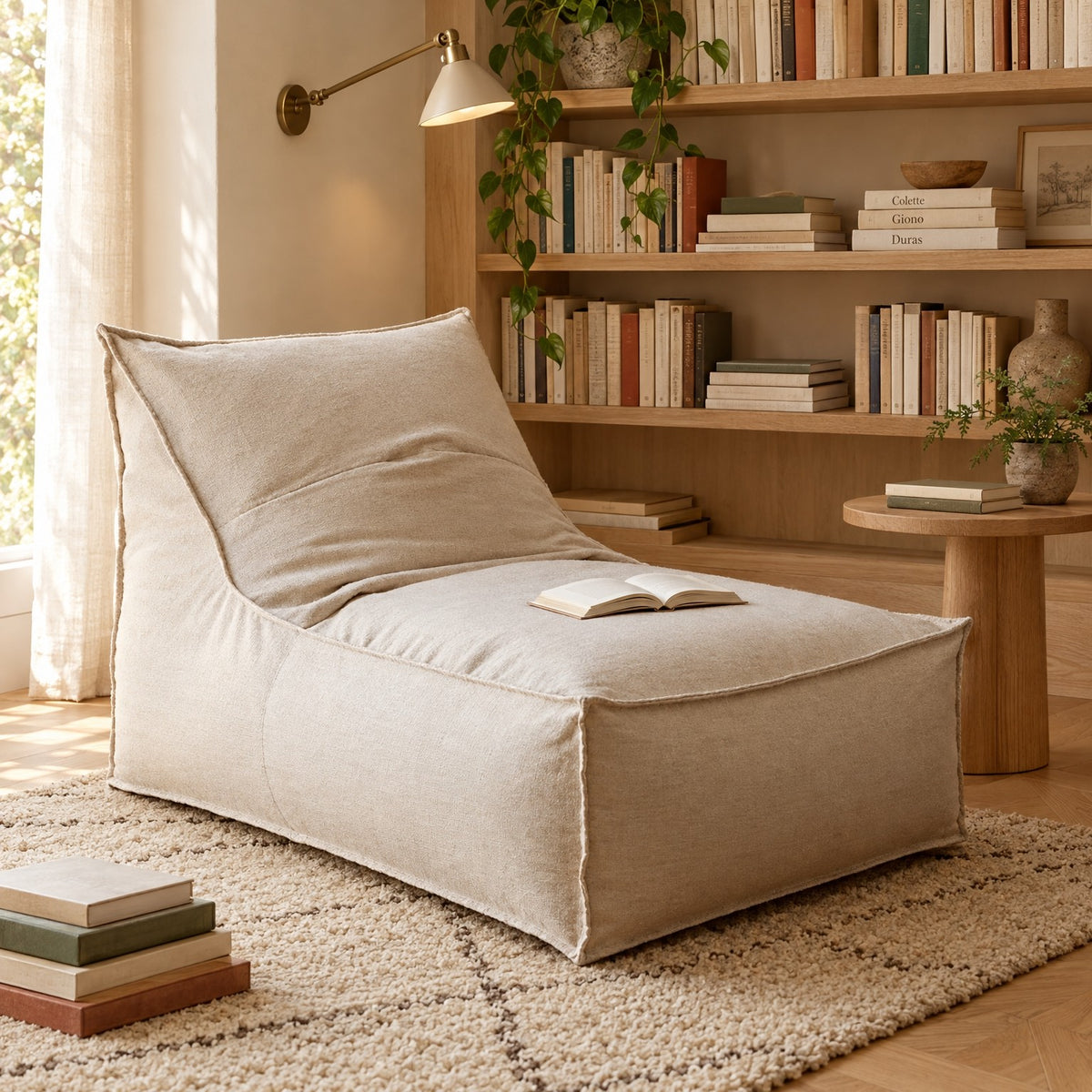 AURA | Chauffeuse pouf beige et repose-pied | Nomaï – ambiance 1