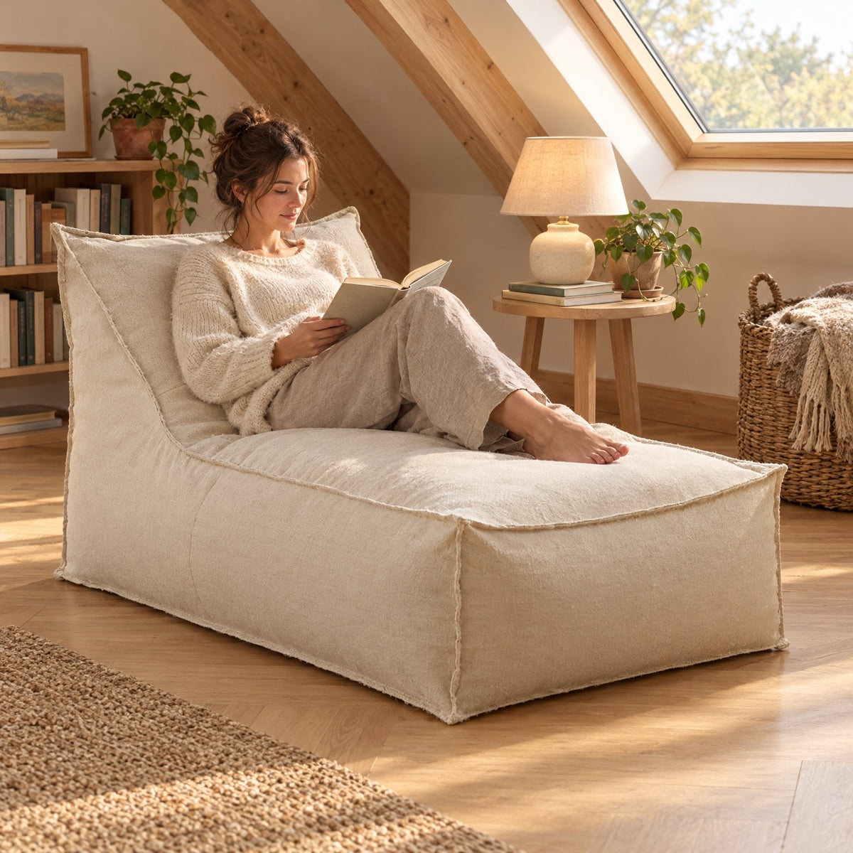 AURA | Chauffeuse pouf beige et repose-pied | Nomaï – ambiance 2
