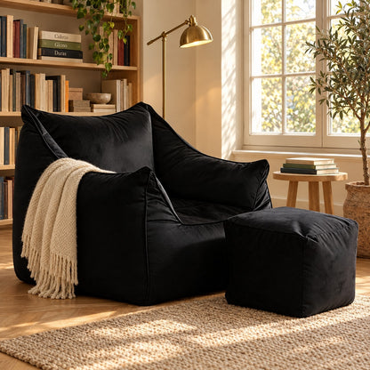 AURA | Fauteuil pouf velours ras et repose-pied | Nomaï – ambiance 3