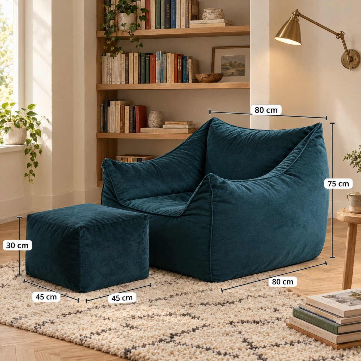 AURA | Fauteuil pouf velours ras et repose-pied | Nomaï – dimensions