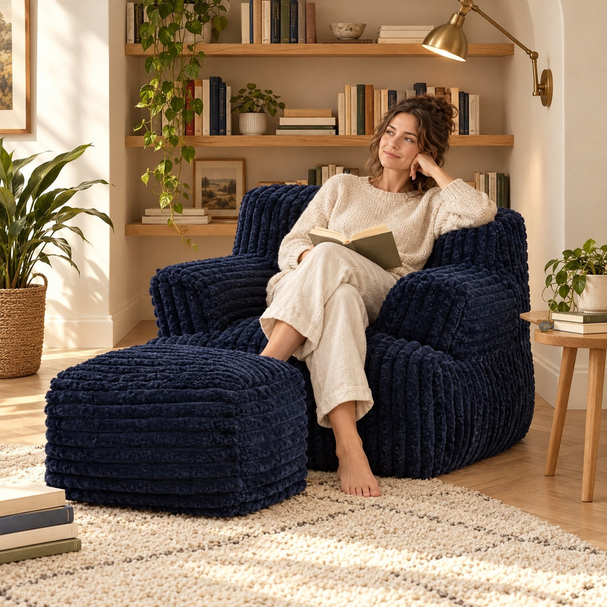 AURA | Pouf fauteuil faux fur dense et repose-pied | Nomaï – ambiance 1