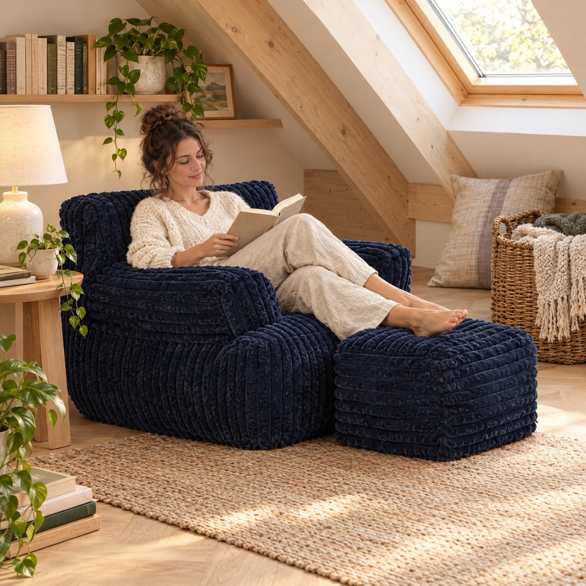 AURA | Pouf fauteuil faux fur dense et repose-pied | Nomaï – ambiance 2