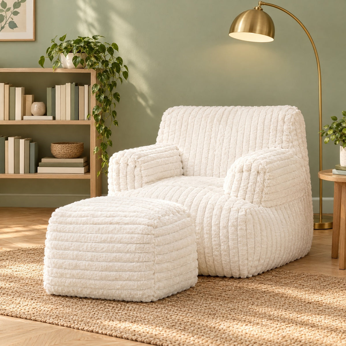 AURA | Pouf fauteuil faux fur dense et repose-pied | Nomaï – ambiance 3