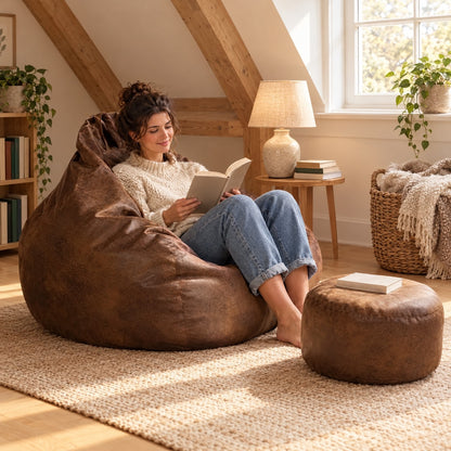 FLOW | Pouf poire suédine vintage et repose-pied | Nomaï – ambiance 1