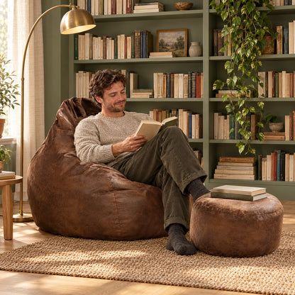 FLOW | Pouf poire suédine vintage et repose-pied | Nomaï – ambiance 2