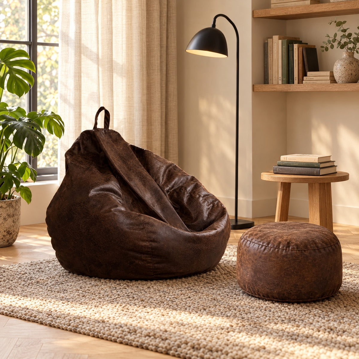 FLOW | Pouf poire suédine vintage et repose-pied | Nomaï – ambiance 3