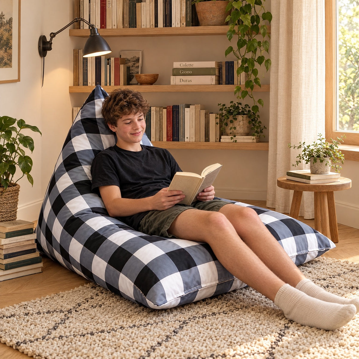 NESTA | Pouf triangle vichy | Nomaï – ambiance 2