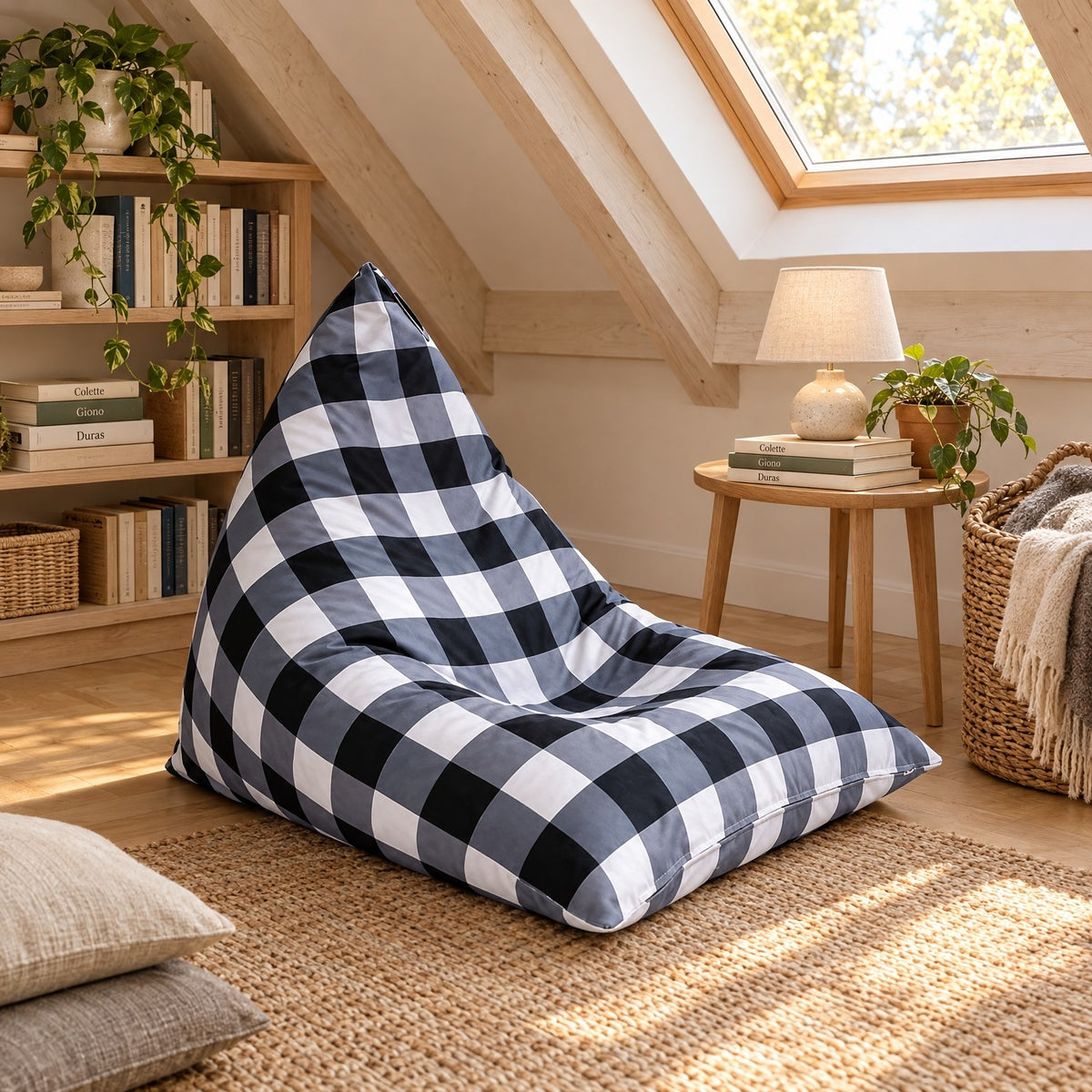 NESTA | Pouf triangle vichy | Nomaï – ambiance 3